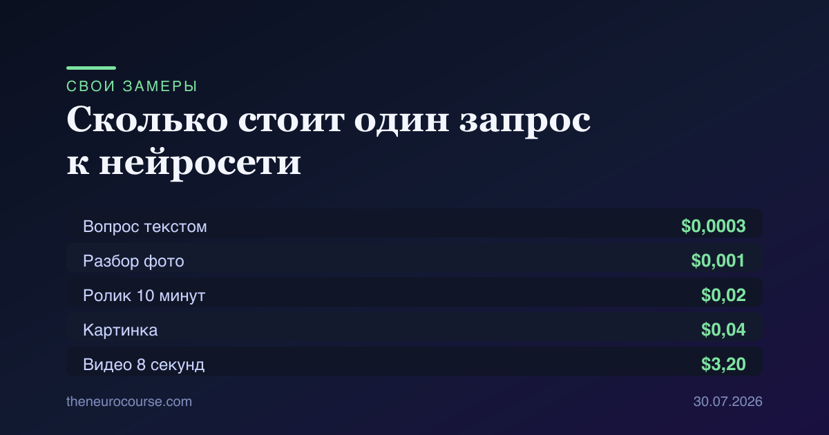 Таблица стоимости девяти операций нейросети: текстовый запрос $0,0003, разбор фотографии $0,001, сгенерированная картинка $0,04, восемь секунд видео на Veo $3,20
